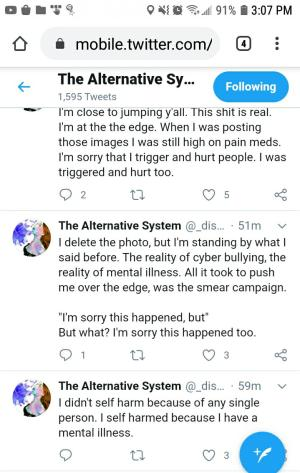 You still stood by this 3 hours later. You excuse it with mental illness as if 7 minutes prior you didn't imply that it was meant to punish the people you felt attacked by
