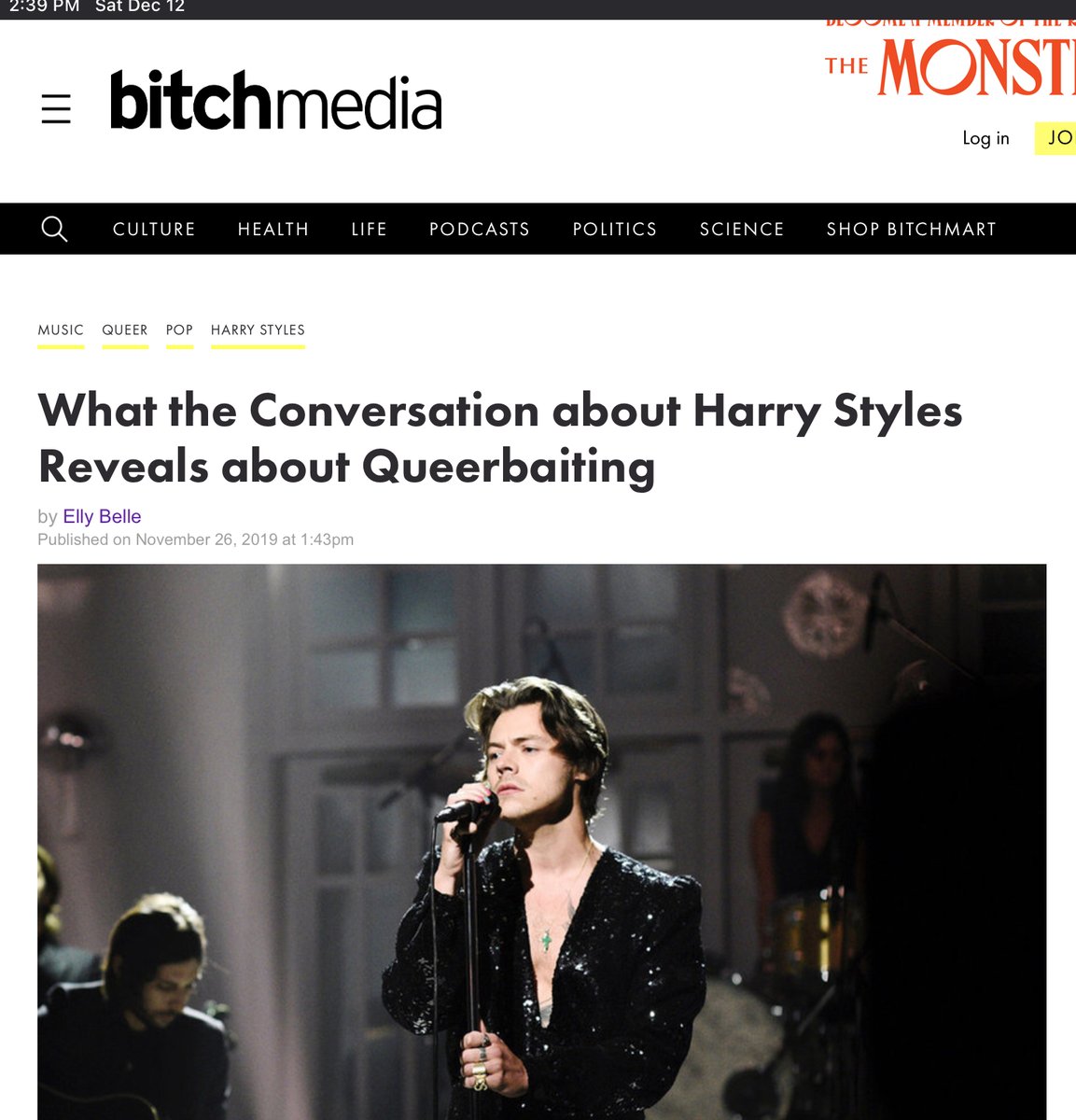 November 2019. Bitch Media posts an article accusing Harry of queerbaiting and calls him “likely straight”  https://www.bitchmedia.org/article/is-harry-styles-queer-complexity-of-queerbaiting