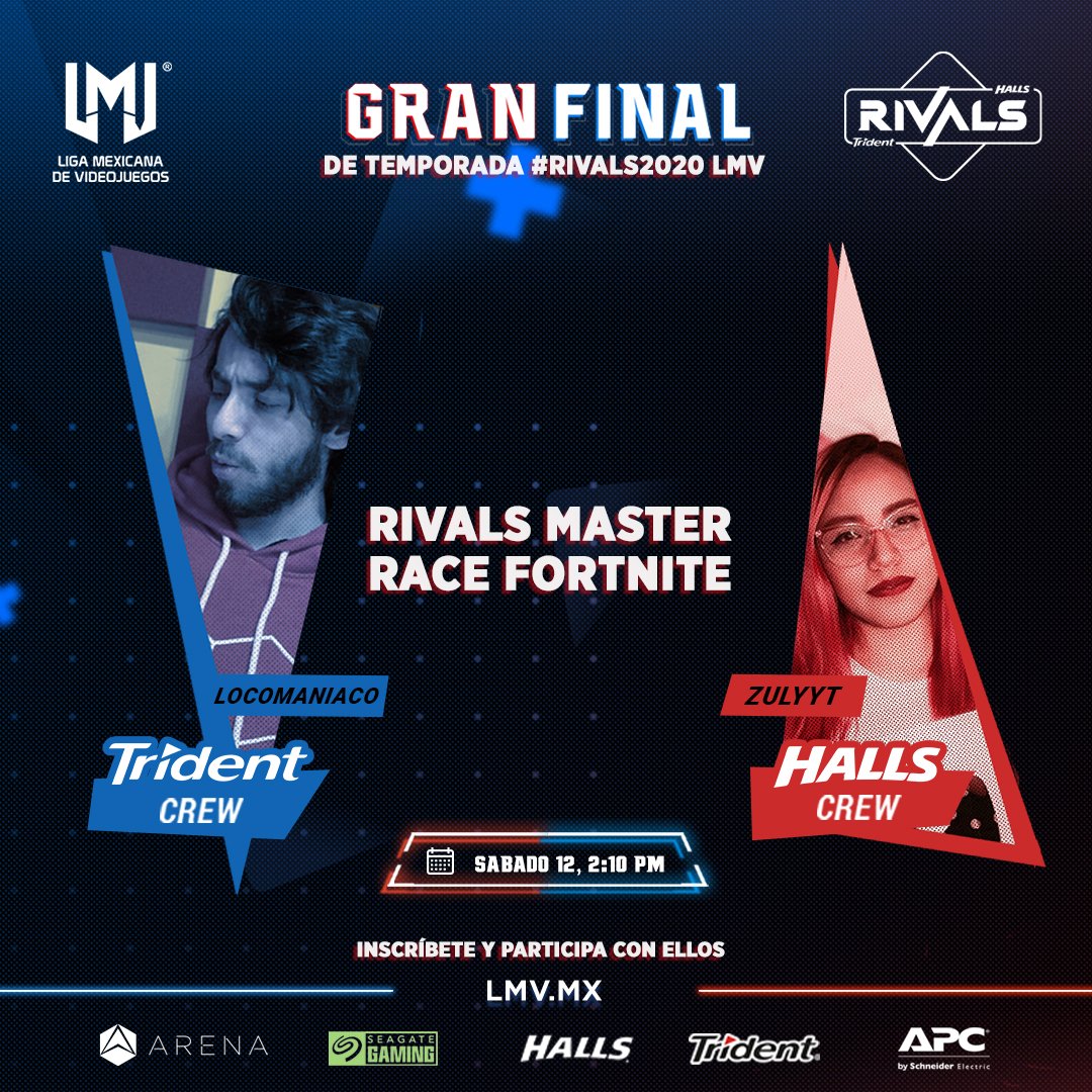 LMVmx's tweet photo. Nuestra primer actividad es la RivalsMaster Race en Fortnite con @ZulyYT y @_Locomaniaco_ a las 2:10 PM. No te lo pierdas en https://t.co/ora5xVg0cI #Rivals2020 #RivalsMaster @Trident_mx @HallsMx https://t.co/CHPBnK32k1