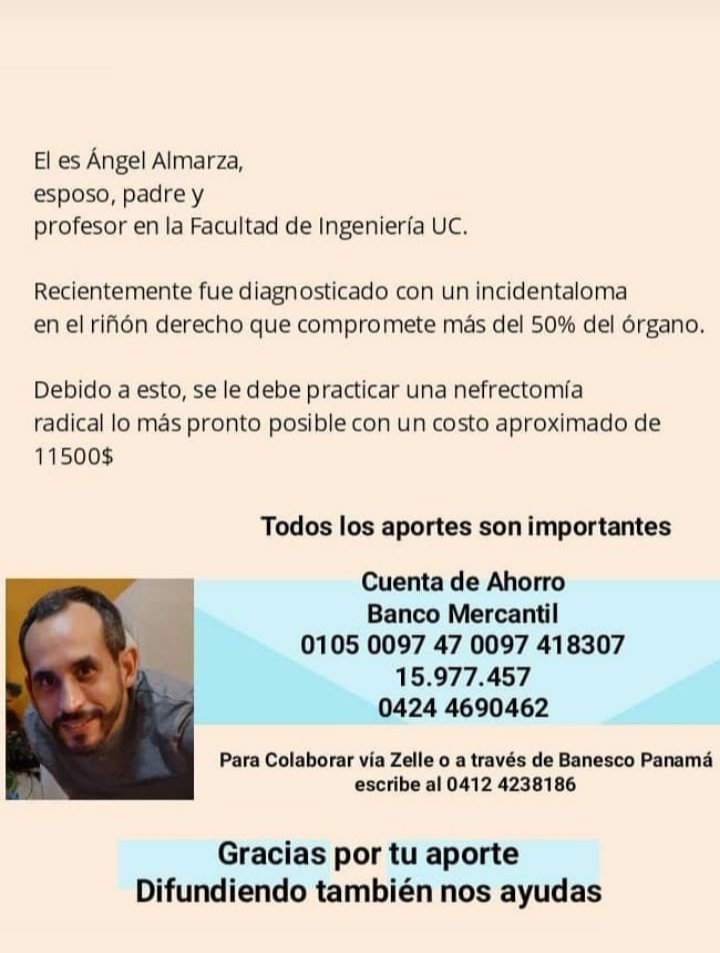 APUCoficial's tweet photo. #UniVe vamos a sumar voluntades y manos solidarias hoy en apoyo de nuestro colega y amigo Profe. Ángel Almarza Dios les bendiga @CaleidoHumano @funsaluz @AulaAbiertaVE @FAPUV https://t.co/zWYqJlCj7n