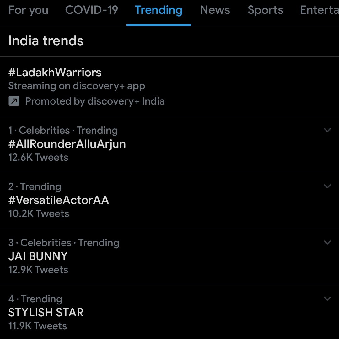  #AllRounderAlluArjun Trended - India widePeak position - 1Count - 20.4KJAI BUNNYTrended - Worldwide , IndiaPeak position (IND) - 3Count - 20.4K  https://twitter.com/beast_666__/status/1337777794437185537