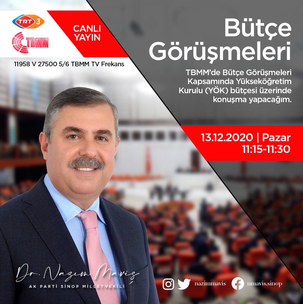TBMM’de Bütçe Görüşmeleri Kapsamında Yüksek Öğretim Kurulu (YÖK) bütçesi hakkında konuşma yapacağım. #tbmm 

🗓 13.12.2020 / Pazar 
⏰ 11.15-11:30

Bu adresten takip edebilirsiniz.
Link: tv.tbmm.gov.tr

<a href="/TBMMGenelKurulu/">TBMM Genel Kurulu</a>