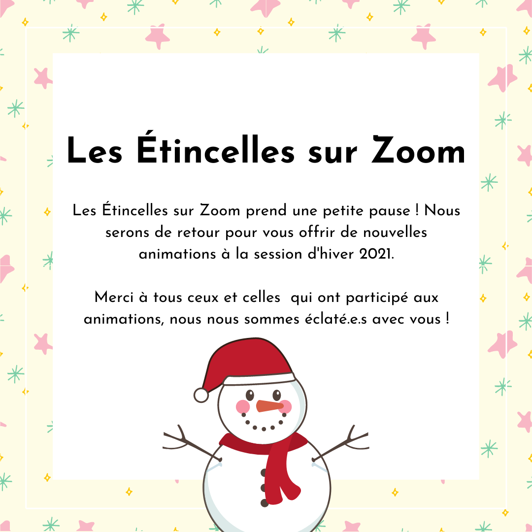 MCLBJM's tweet photo. Les Étincelles sur Zoom sera de retour l'année prochaine 😉 Pour participer à la session d'hiver 2021, vous pouvez nous joindre en personne, par téléphone au 514-276-7309 ou par courriel à info@mcl-bjm.ca
#songs #chansons #comptines #libraries #bibliotheque #families #familles https://t.co/vIvNNLkhyv