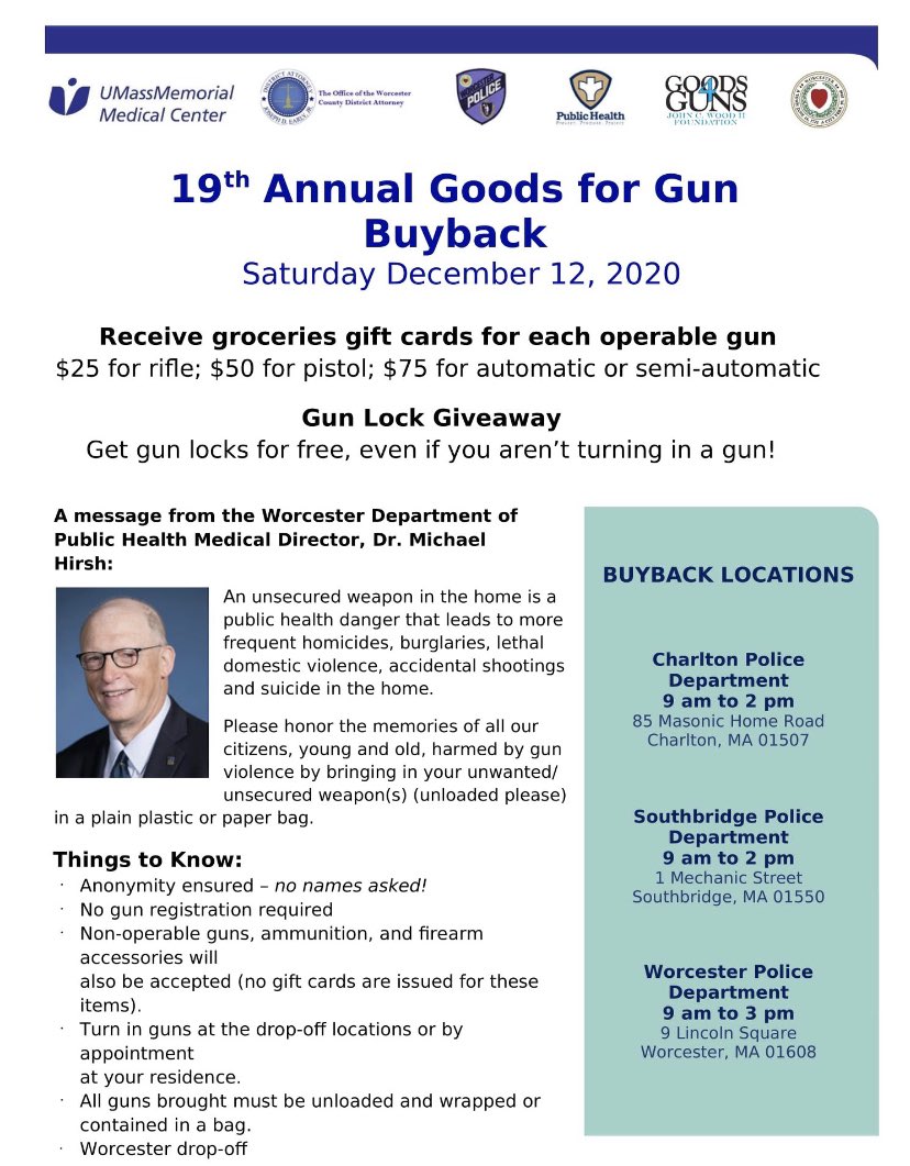 WorcesterPD's tweet photo. Reminder: Goods for Guns Buyback is today from 9 am - 2 pm https://t.co/7EEJnsBDOU