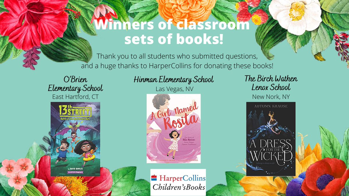 LatinxKidLitBF's tweet photo. Winners!! Congrats to these schools who will be receiving classroom sets of books! Thanks to @harpercollinsch for donating, and a big thank you to ALL kids who submitted questions for our authors and illustrators. #LKBF2020 @AnikaDenise @DavidOBowles #autumnkrause https://t.co/zNAncjXXTm