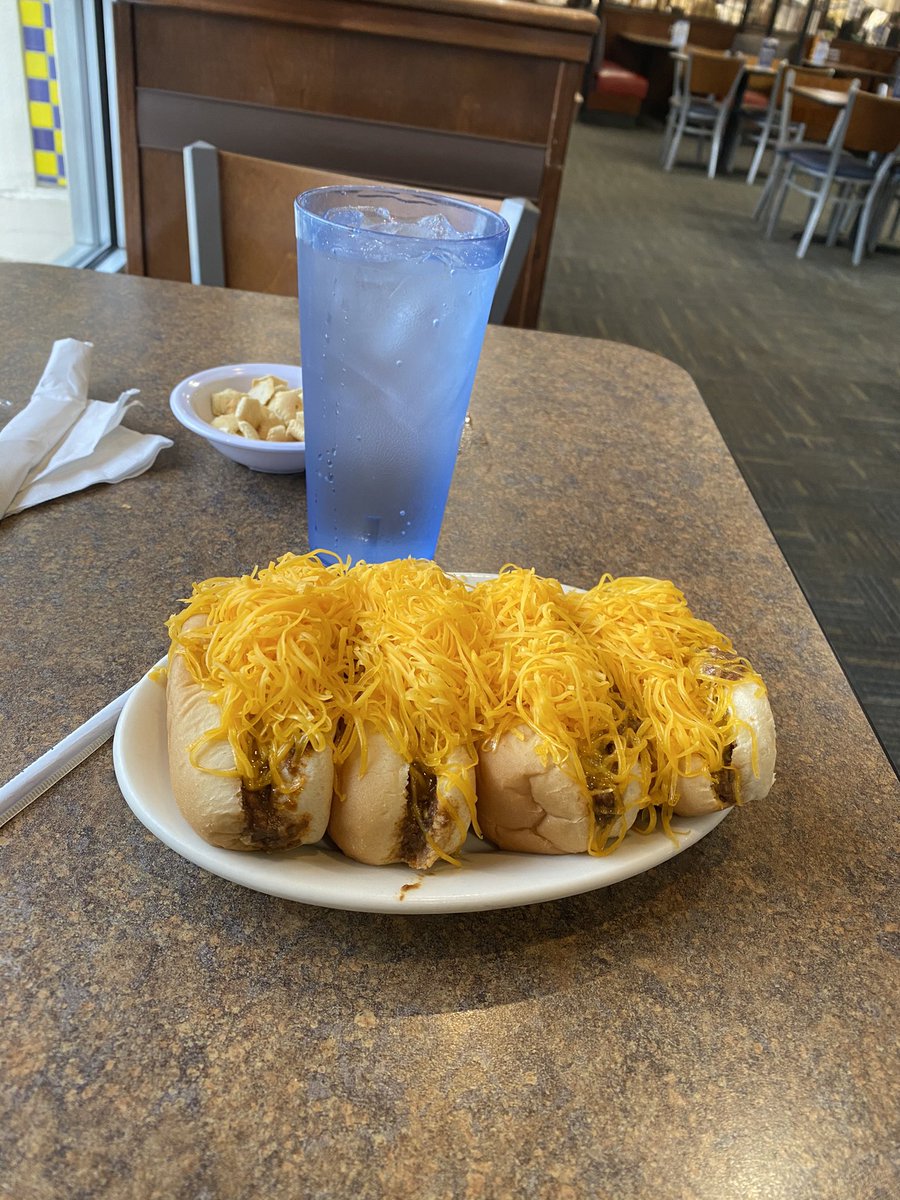AMGardner96's tweet photo. We have arrived at Oakley @Skyline_Chili for my fantasy football punishment. 

I have to spend 24 hours here, and can leave 1 hour earlier for every coney consumed. 

Objective: 14. 

Starting off with 4 coneys.  

#AdamVsConeys2020 https://t.co/rCNLHfwXON