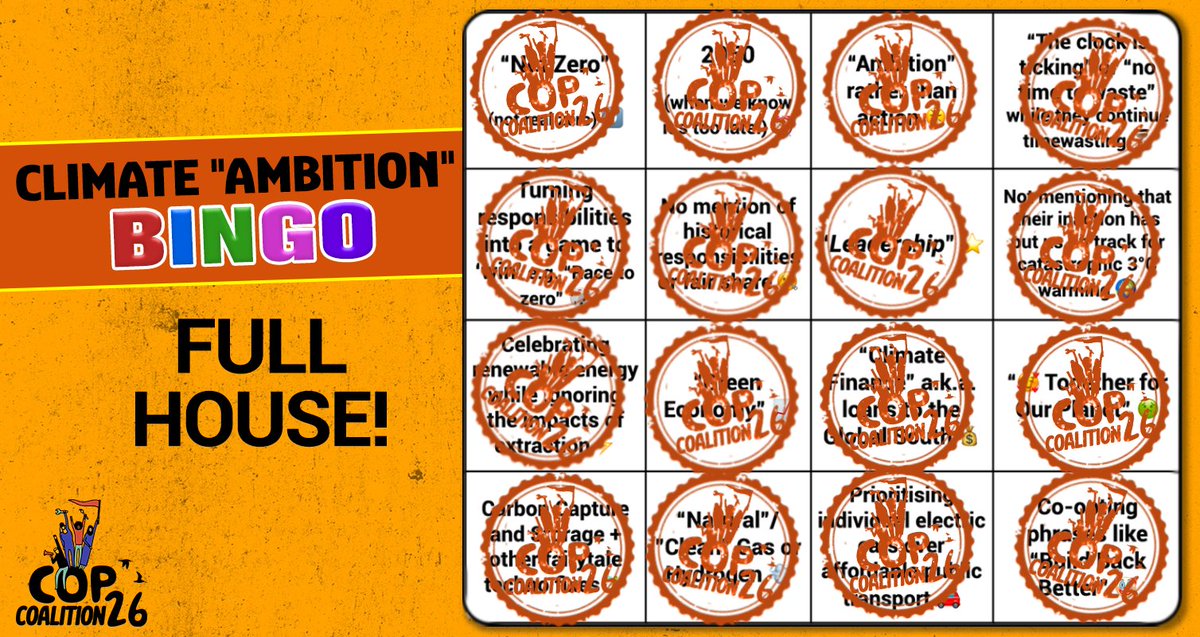 That was easy! We have a full house in the  #ClimateAmbitionBingo in no time See below for a thread exposing these greenwashing, false solutions and fake ambitions of the Climate Ambition Summit  #ClimateAction  