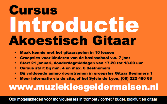 In januari start bij voldoende animo een extra cursus Introductie Gitaar voor basisscholieren. Een goed begin van het nieuwe jaar, toch?