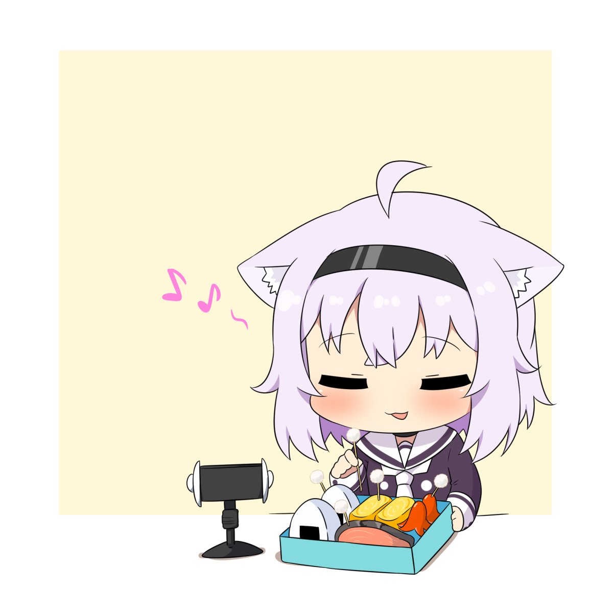 猫又おかゆ 「ASMRと見せかけて耳かき風ピックをお弁当のおかずにさしていくおかゆんのイラスト」|トゥーミのイラスト