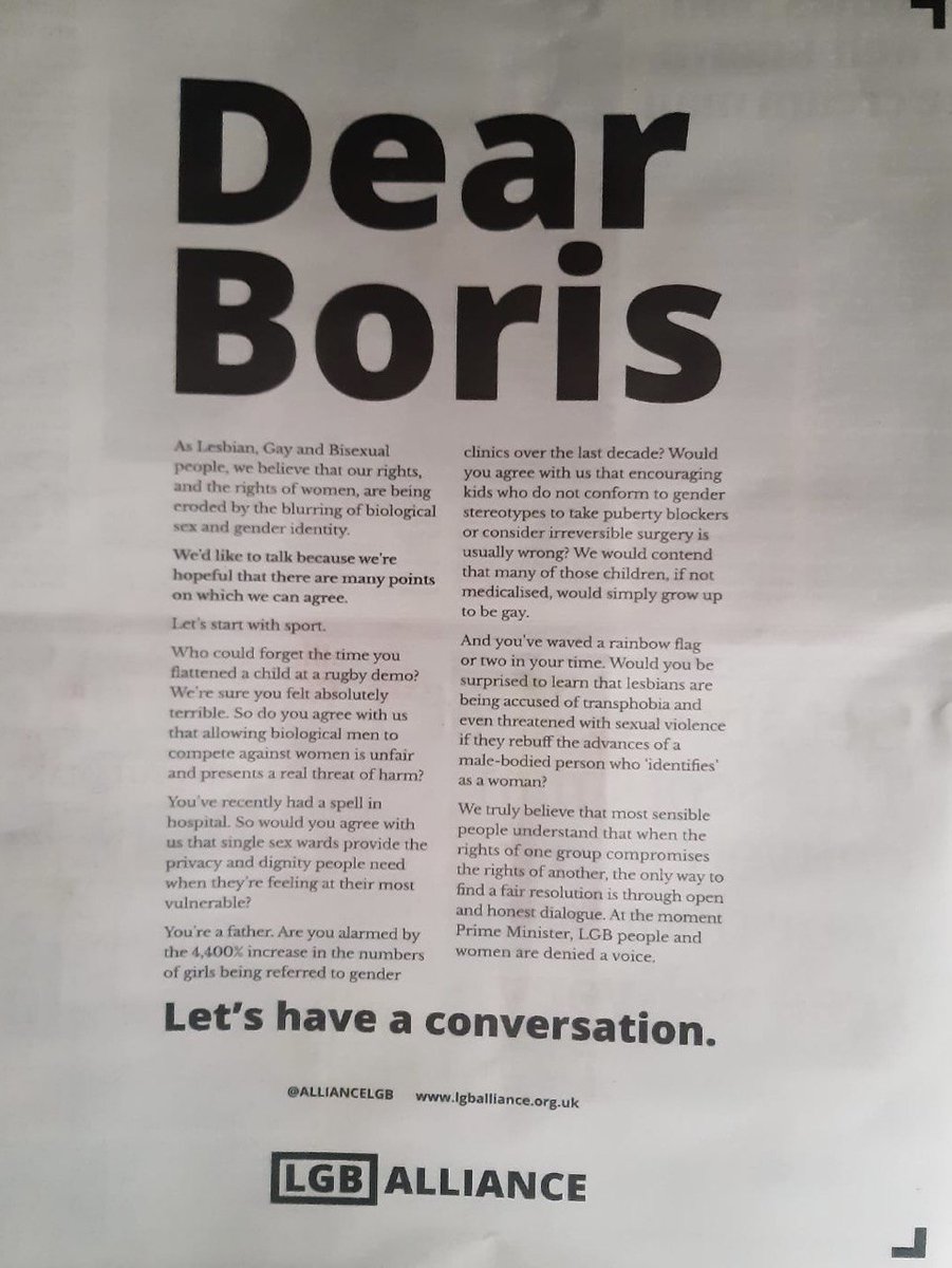 AllianceLGB's tweet photo. Our ad in today's Scotsman: "Dear Boris - We truly believe that most sensible people understand that when the rights of one group compromises the rights of another, the only way to find a fair resolution is through open & honest dialogue. Let's have a conversation." #DearBoris https://t.co/IiW7XmKkpB