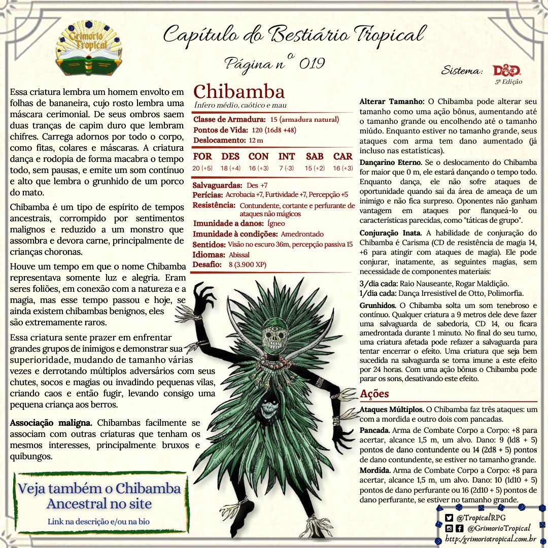 TropicalRPG's tweet photo. Ficha Tropical 019 - #Chibamba
Ficha com melhor definição e versão ancestral: https://t.co/ZrW4BqeTV0
Sistema: D&D 5ª edição
Imagem: @ikarow
Fontes de pesquisa no link.
#Folclore #RPG #Chibamba #bestiariotropical #dnd5e #DnD #RPGNacional #MitosAfricanos #Mitologiabrasileira https://t.co/4YrVighccl