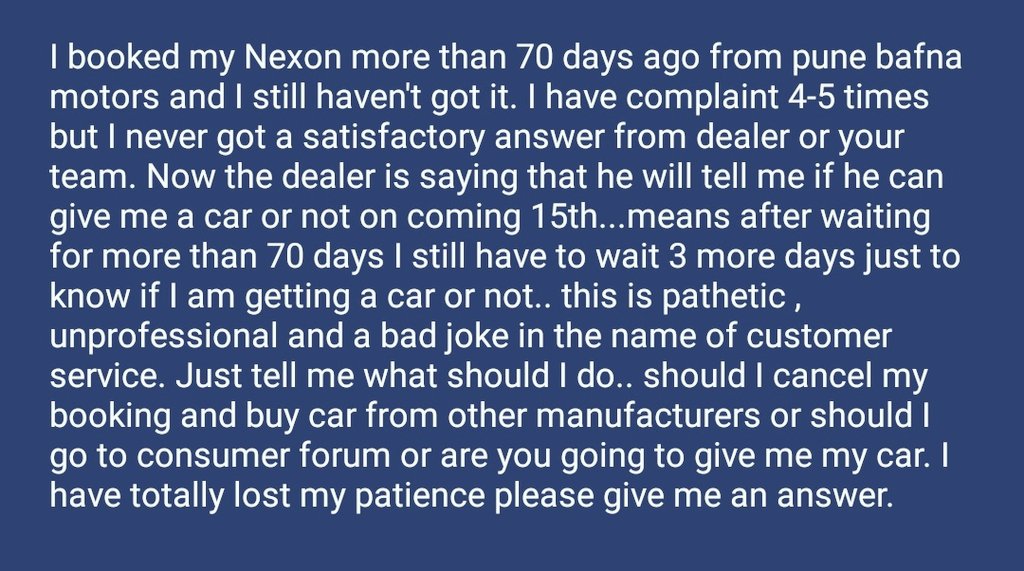 kambleakshayd's tweet photo. @RNTata2000 
@MayankPareek_
@TataMotors
@tata_cars 
@NexonTataMotors

Unfortunately twitter has very less word limit for a rant... Had to put a screenshot of it..
  
#TataNexon #tatamotors #tatacustomerservice
#tatacars https://t.co/woDyaebDRW