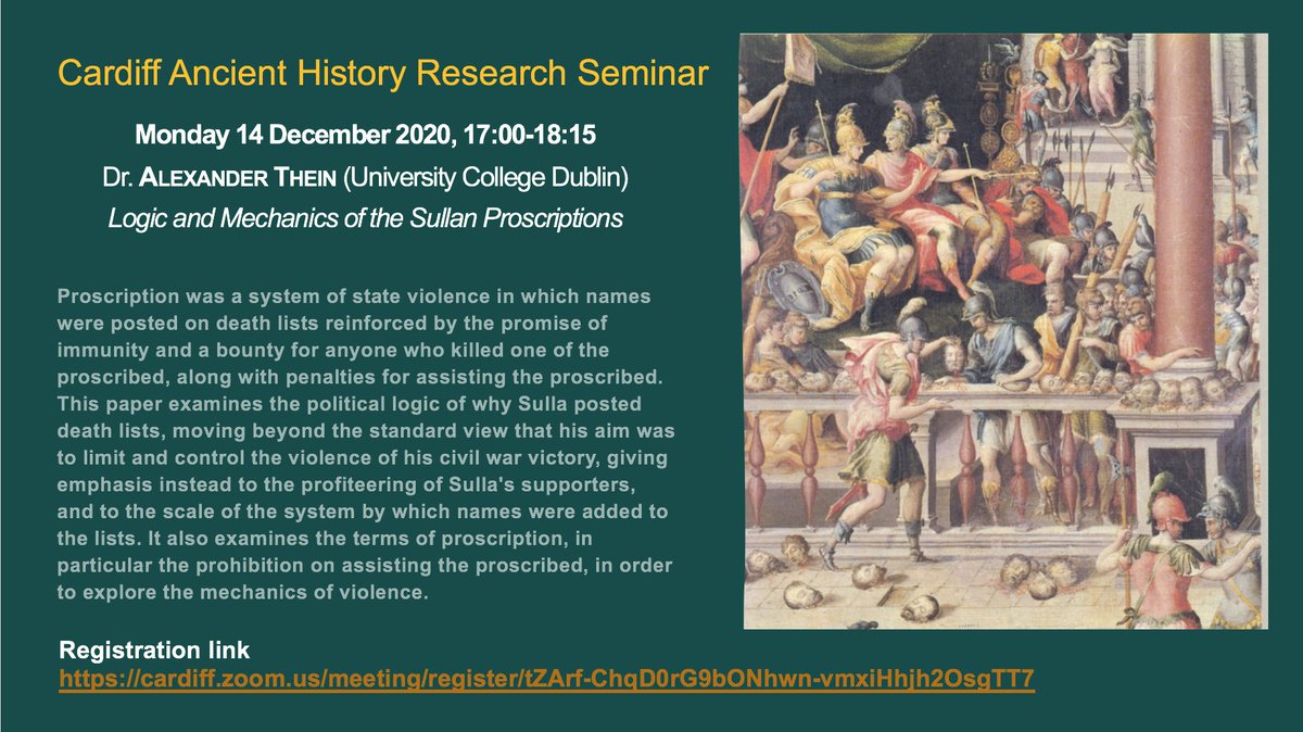 MariaFragoulaki's tweet photo. Join us #CardiffAncientHistory, on Mon 14 December, 17:00-18:15 for the final research seminar this autumn, with Dr. Alex Thein (UCD) on the Sullan Proscriptions; register https://t.co/fzfV7fMNuM
@gevemac @guyjbradley @CUHistArchRel @ClassicsUCD @TheRomanSoc @Classical_Assoc https://t.co/6YxTlzqiyY