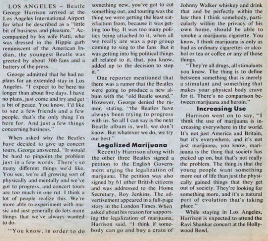 When George & Pattie arrived in L.A. in August, 1967 - George answered a few questions. The responses were published in KRLA Beat Magazine, August 26, 1967. Source: Harrison Stories Tumblr. @thepattieboyd #GeorgeHarrison #PattieBoyd Note: They traveled as Mr. & Mrs. Weiss.