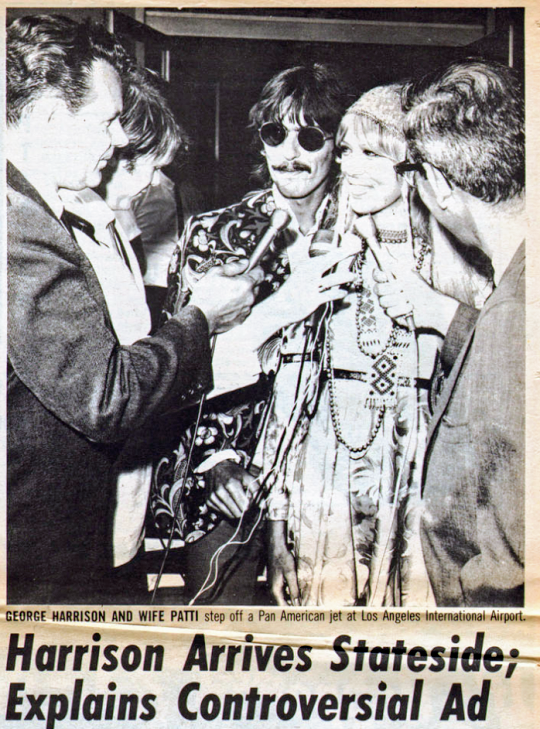 fabgeorgeh's tweet photo. When George &amp; Pattie arrived in L.A. in August, 1967 - George answered a few questions. The responses were published in KRLA Beat Magazine, August 26, 1967. Source: Harrison Stories Tumblr. @thepattieboyd 
#GeorgeHarrison #PattieBoyd 
Note: They traveled as Mr. &amp; Mrs. Weiss. https://t.co/9NZcnn9rDa