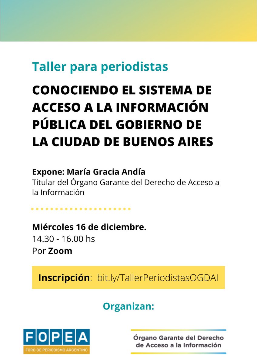 FOPEA's tweet photo. El 16/12, a las 14:30 los invitamos al taller sobre el sistema de acceso a la información pública del @gcba, que organizamos junto al Órgano Garante del Derecho de Acceso a la Información del GCBA.

Dictado por María Gracia Andía.

👉🏻 Link de inscripción: 
https://t.co/eOQwCSj9iw https://t.co/QcOIe3hfVa