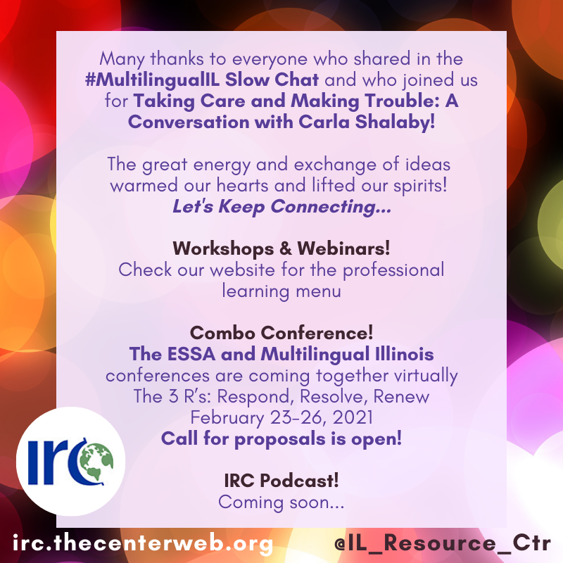 IL_Resource_Ctr's tweet photo. Thanks to everyone who joined the #MultilingualIL conversations this week. Let's keep connecting!
We hope to see you at the ESSA Conference/Multilingual Illinois Conference February 23 – 26, 2021
The call for proposals is open now!
https://t.co/feqYoTnzJf https://t.co/EtOpcQZeaW