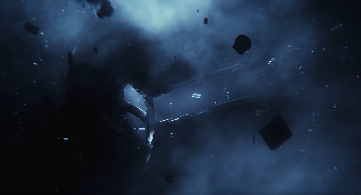 7/ The next shots show tons of debris (from ships) and a busted Mass Relay. Some voices play where I can make out:"Gotta take down the dreadnought...going critical. Abandon ship"We hear the ominous "BRRRWWWWOAAAA" of a Reaper. This is where I screamed & woke my damn kids up.