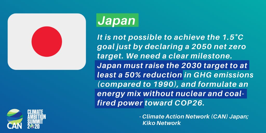 "Japan must raise the 2030 target to at least a 50% reduction in GHG emissions (compared to 1990), and formulate an energy mix without nuclear and coal-fired power toward  #COP26"- @CANJapan_org  @kikonetwork  #ClimateAction    #ClimateAmbitionSummit
