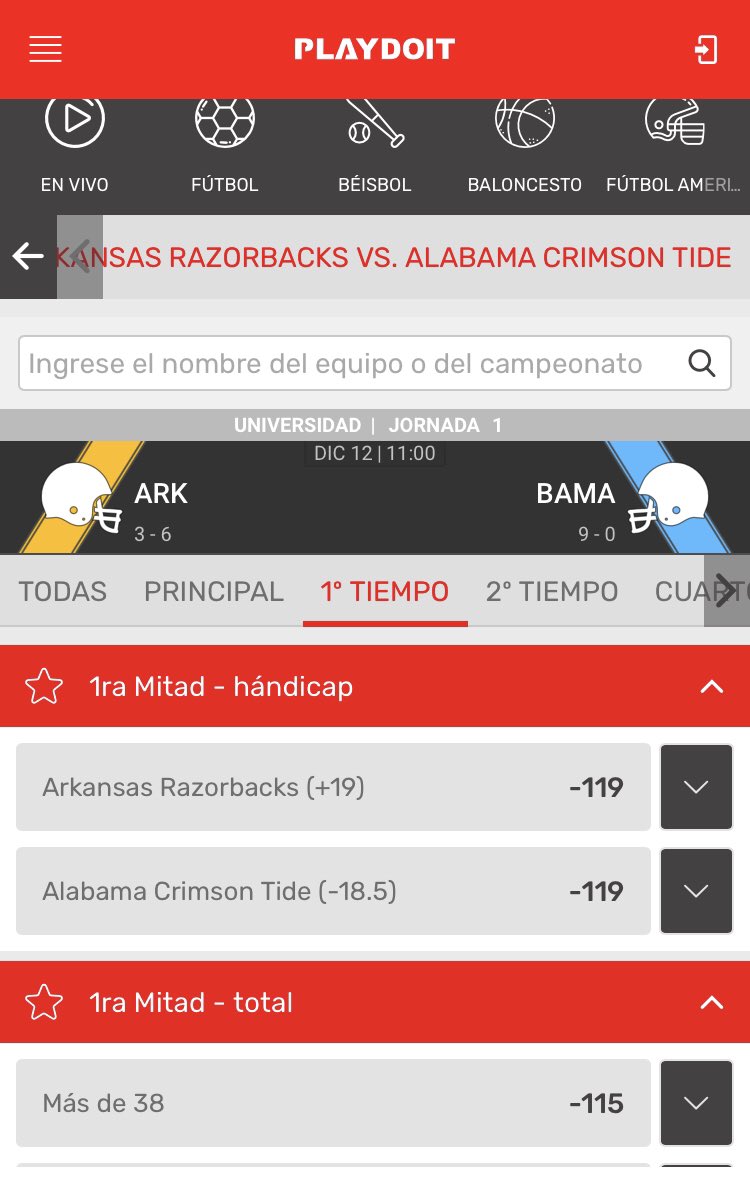 PicksMJ's tweet photo. 🏈Alabama vs Arkansas 
11:00 CDMX
Handicap primera mitad 
Alabama -19 

*Caliente -19*
Bet365 -19.5
Playdoit -18.5

💰🤑 https://t.co/m9SM2TEgiG