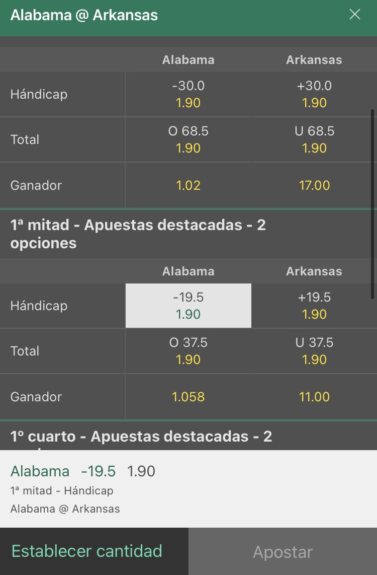 PicksMJ's tweet photo. 🏈Alabama vs Arkansas 
11:00 CDMX
Handicap primera mitad 
Alabama -19 

*Caliente -19*
Bet365 -19.5
Playdoit -18.5

💰🤑 https://t.co/m9SM2TEgiG