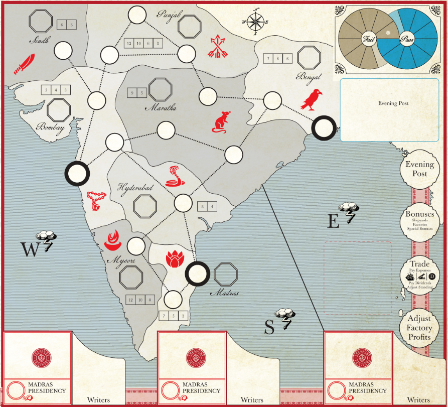Now, I go back to those notes on the reference maps and start putting in some of the aesthetic flourishes. The obvious one is an antique paper texture. I also opted for longitude lines to texture the sea. I experiment with pulling the colors off the regions as well.