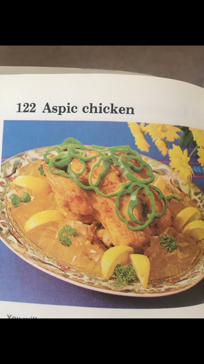 Want to dress up the chlorinated chicken? Aspic is your garnish of choice. Here it is in glorious colour. The lemons and peppers might cost the price of a small family car soon but never mind!