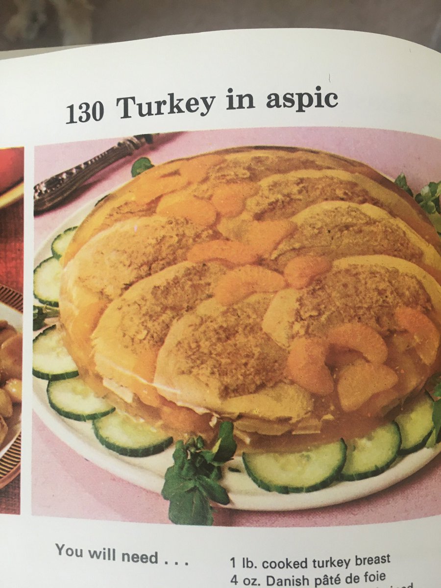 Leftover turkey at Christmas? No problem, get that handy bucket of gelatin out and immerse it completely in aspic. It will keep longer that way. And don’t forget the cucumber