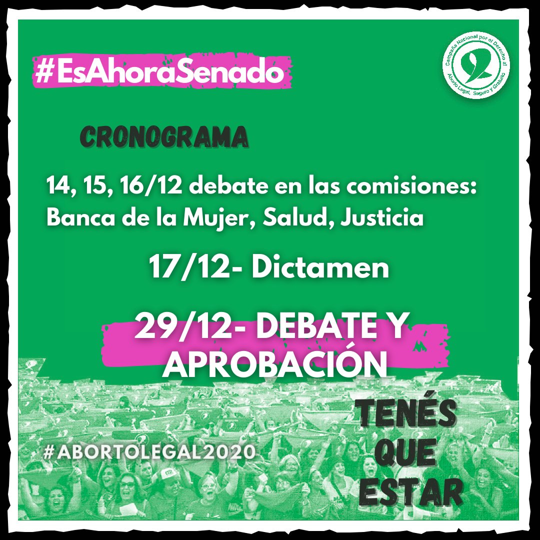 ¡Ya está el cronograma de tratamiento en @SenadoAr!
Estaremos presentes en cada paso del tratamiento, en las calles, en las redes y el Congreso 
Con la alegría como bandera, sumate a ser parte de la historia. ¡Tenés que estar!🙋🏽💚🙋🏻💚🙋🏿💚🙋🏼
#EsAhoraSenado 
#AbortoLegal2020 💚💪🏾🔥