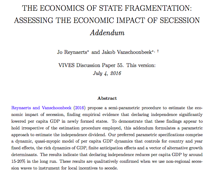 7/...of the sort happened. Our existing evidence on the economic costs of secession is sketchy. What little we do have is based on secessions in less developed countries, with less complex economies and less well developed cross-border linkages. The one study that I know is...