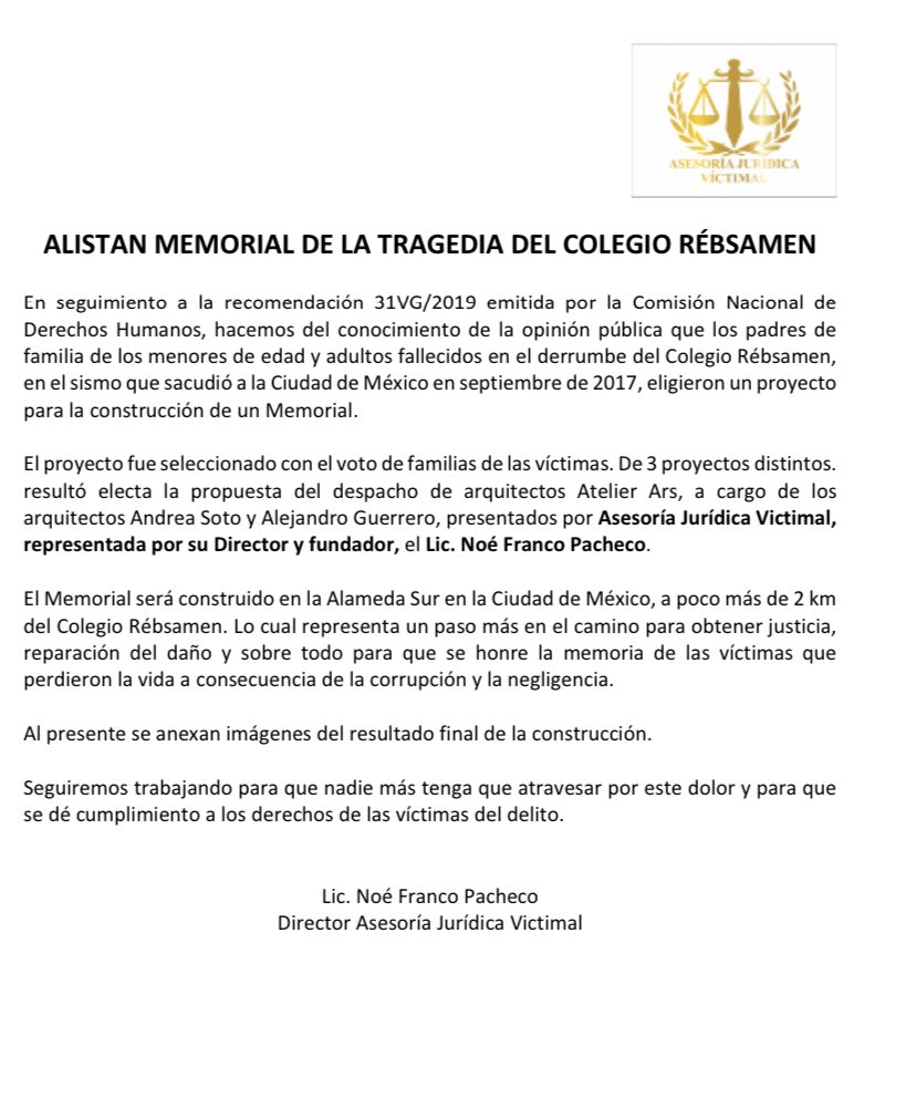 victimal's tweet photo. Pronto iniciarán trabajos para construir Memorial Rébsamen
En honor a los pequeños y adultos que perdieron la vida por corrupción y negligencia 
@SoleraClaudia @Excelsior @MonnyDanny @elytafp @carlos_danielz https://t.co/qHPxP0p9Hf