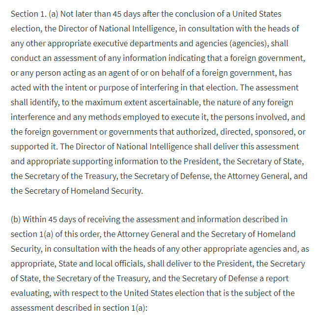 DNI Ratcliffe's report on what the intelligence agencies & military intel services discovered in their investigations of foreign interference in the 2020 election is due 45 days following Nov. 3. The 45 day period expires on Friday, Dec. 18.