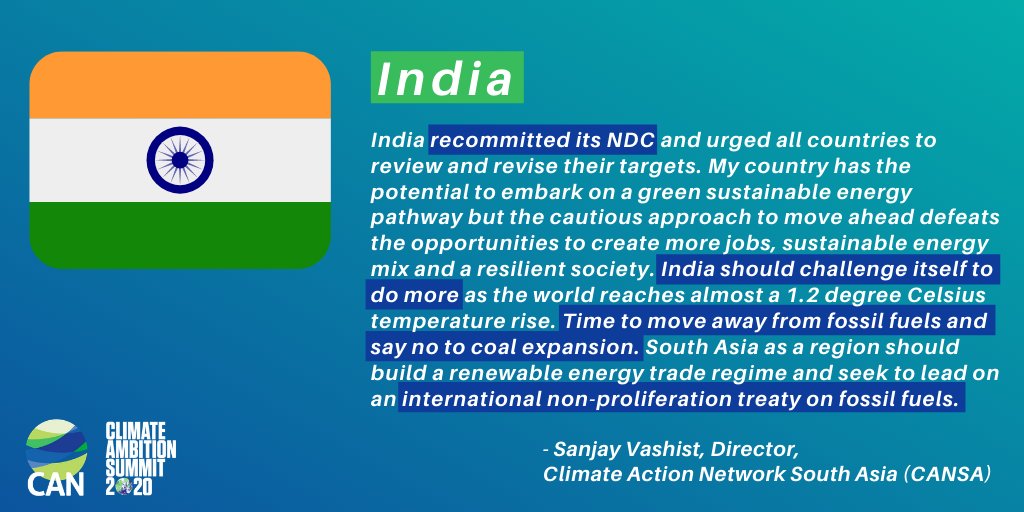 India: "Time to move away from fossil fuels and say no to coal expansion. South Asia as a region should build a renewable energy trade regime and seek to lead on an international non-proliferation treaty on fossil fuels."- @SanjayVashist15  @CANSouthAsia  #ClimateAmbitionSummit