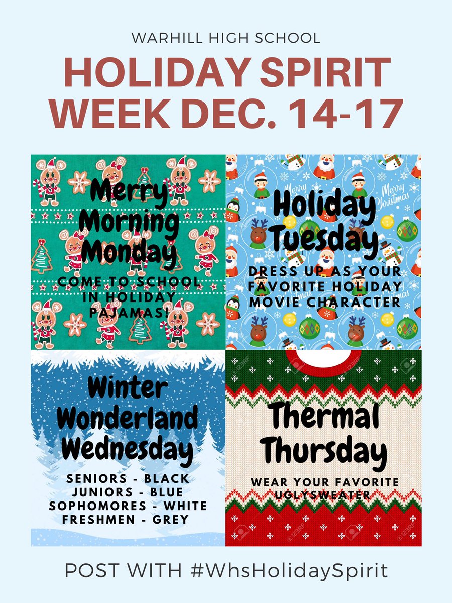 WarhillSCA's tweet photo. HOLIDAY SPIRIT WEEK!!! Use #WhsHolidaySpirit starting this Monday!🎄☃️🕎 https://t.co/8tpLSNOG6H
