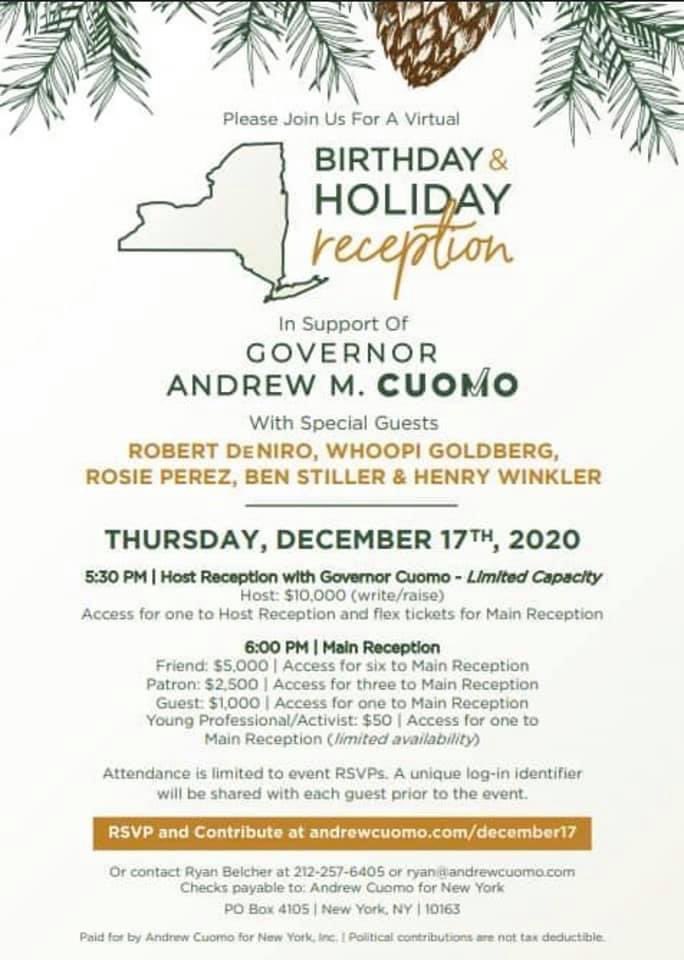 JaniceDean's tweet image. Restaurants closing, kids out of school, families losing loved ones and livelihoods but @NYGovCuomo is going to celebrate his birthday with his celebrity friends and raise thousands of dollars for himself. Shame on @WhoopiGoldberg @RedHourBen @rosieperezbklyn @hwinkler4real