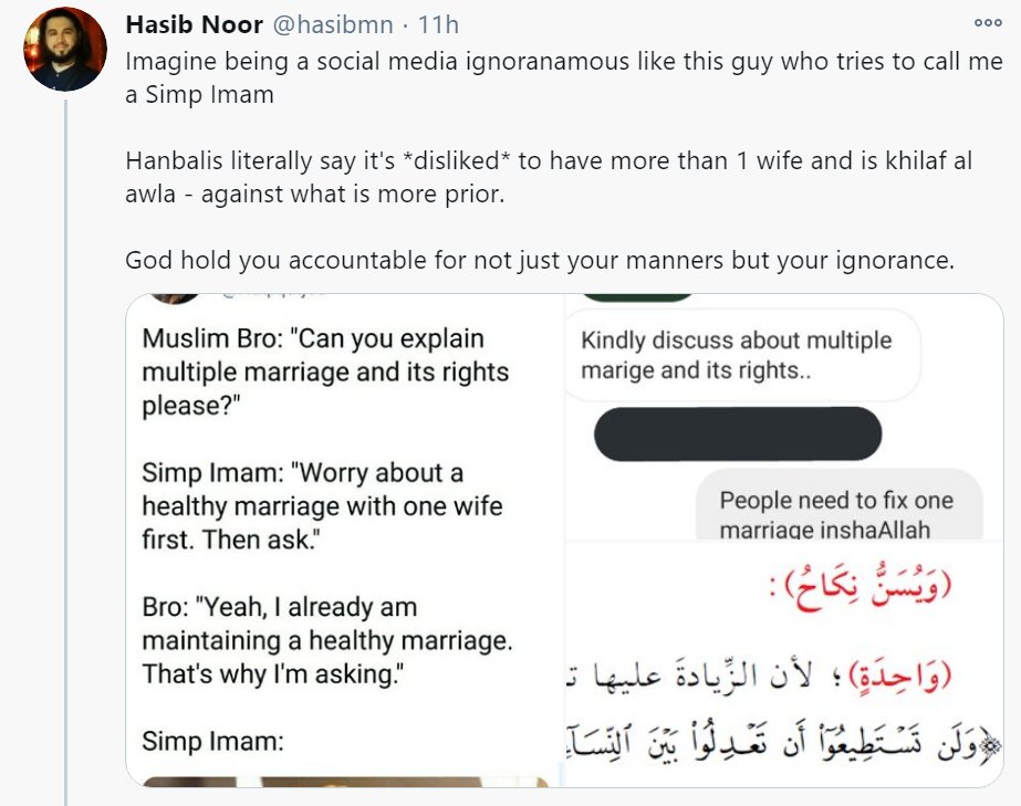 THREAD: On what basis does Hasib Noor say "Hanbalis literally say it's disliked to have more than 1 wife and is khilaf al-awla"? Is it based on the text he pasted? Students of knowledge easily recognize that these texts are proof against what he has written. Translation: ...