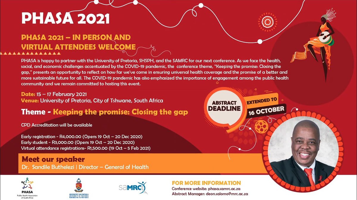 PublicHealthSA's tweet photo. Don’t miss @healthza Director-General for Health, @dghealthza Dr Sandile Buthelezi, at the 2021 annual @PublicHealthSA conference! #PHASA2021 #KeepingThePromiseClosing TheGap #UHC2030 @UPTuks @MRCza @moeketsimodise1 @SHA_ZAR @TChivese @natisha_dukhi @Tham_Naidu @rene_sparks https://t.co/d5PxsKHhmh