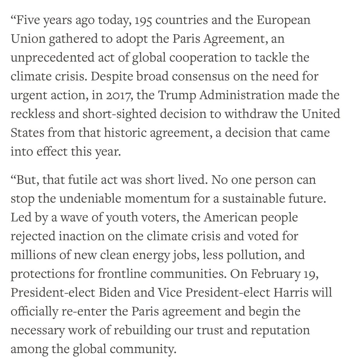 algore's tweet photo. Five years ago today, 195 countries and the European Union gathered to adopt the Paris Agreement, an unprecedented act of global cooperation to tackle the climate crisis. Here are my reflections on our progress, and where we can go from here. https://t.co/kHHHVyspn4