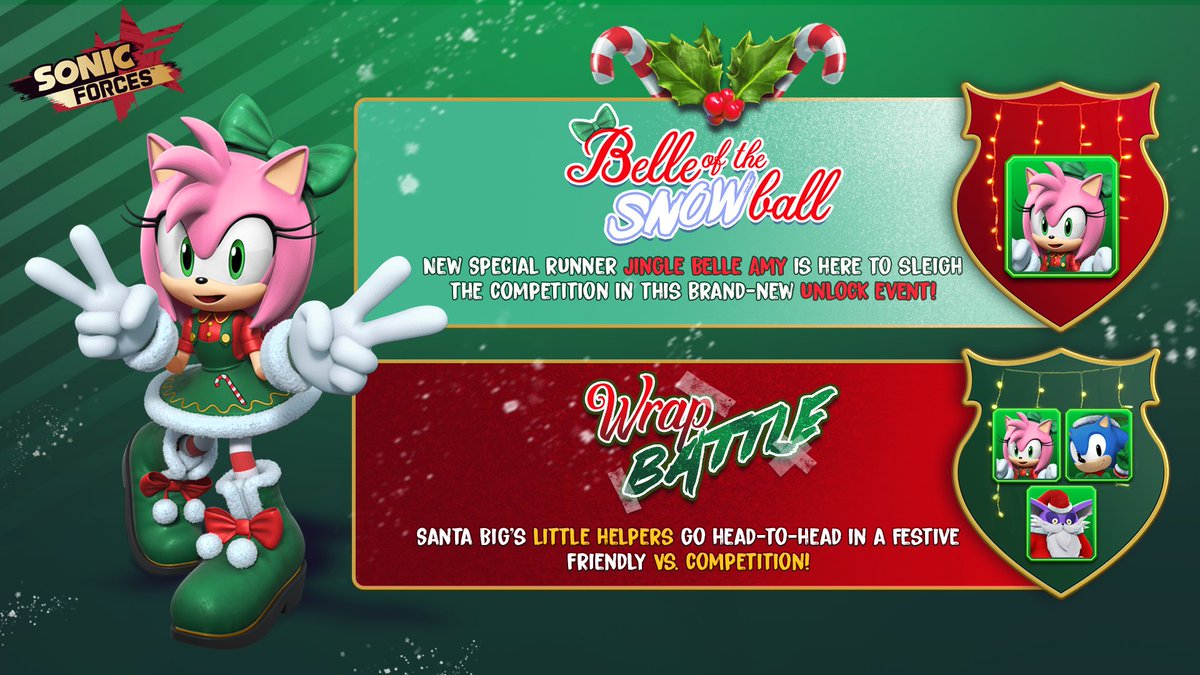 SEGAHARDlight's tweet photo. Have no fear, Jingle Belle Amy Rose is here! The all-new Special Runner brings her holiday spirit to #SonicForces Mobile’s Belle of the Snowball event! 🔔🎶

Later, join the festive but fierce Wrap Battle team event. Choose either Team Belles or Team Elves to win big! https://t.co/WEKv6wMWMZ