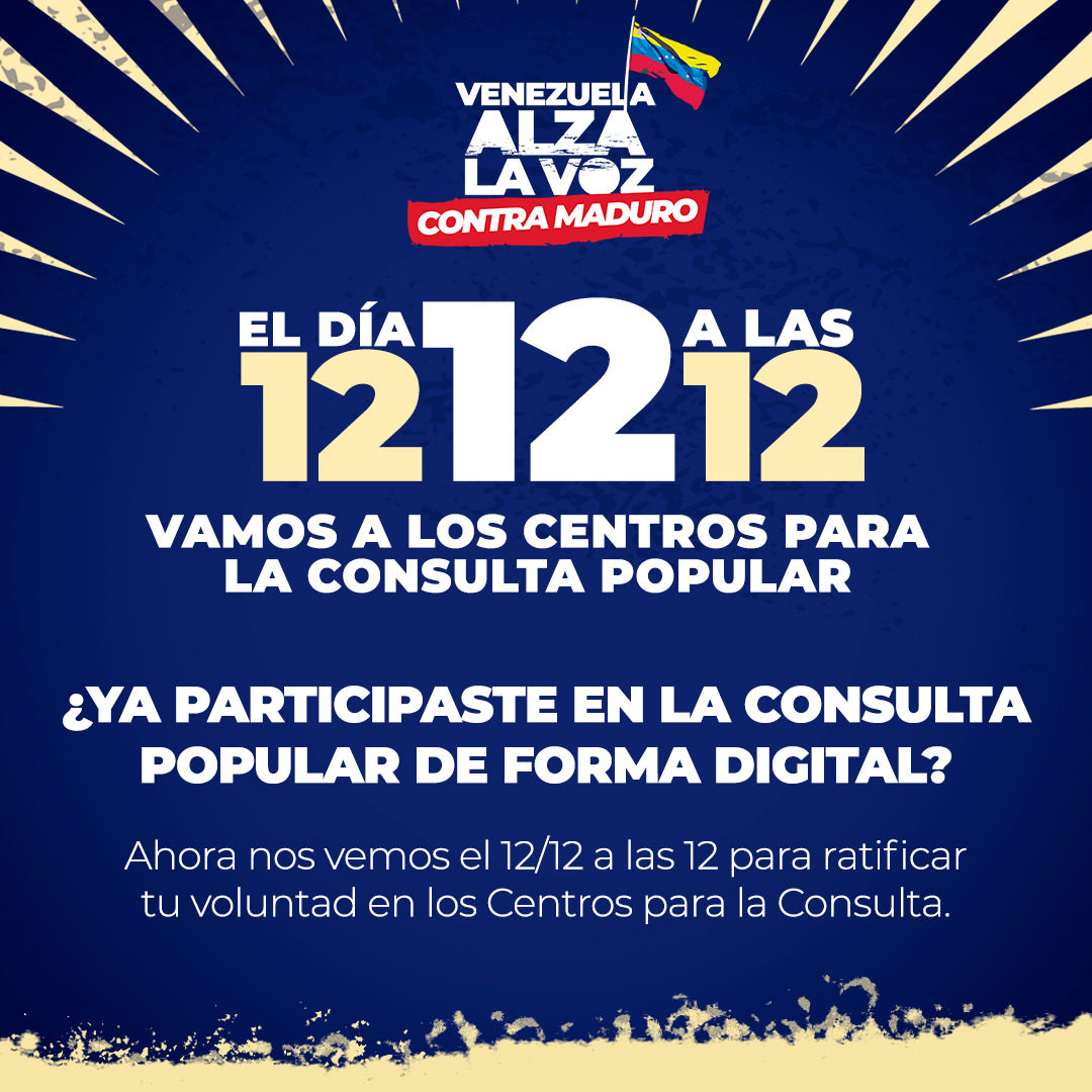 Hoy es el último día para expresar tu voluntad, para decirle Sí a la democracia, a la Ayuda Humanitaria, a poder ELEGIR. Dirígete a las 12 a tu Centro para la Consulta más cercano. linktr.ee/consultaporvzla
#VzlaEnLaCalleAlzaLaVoz