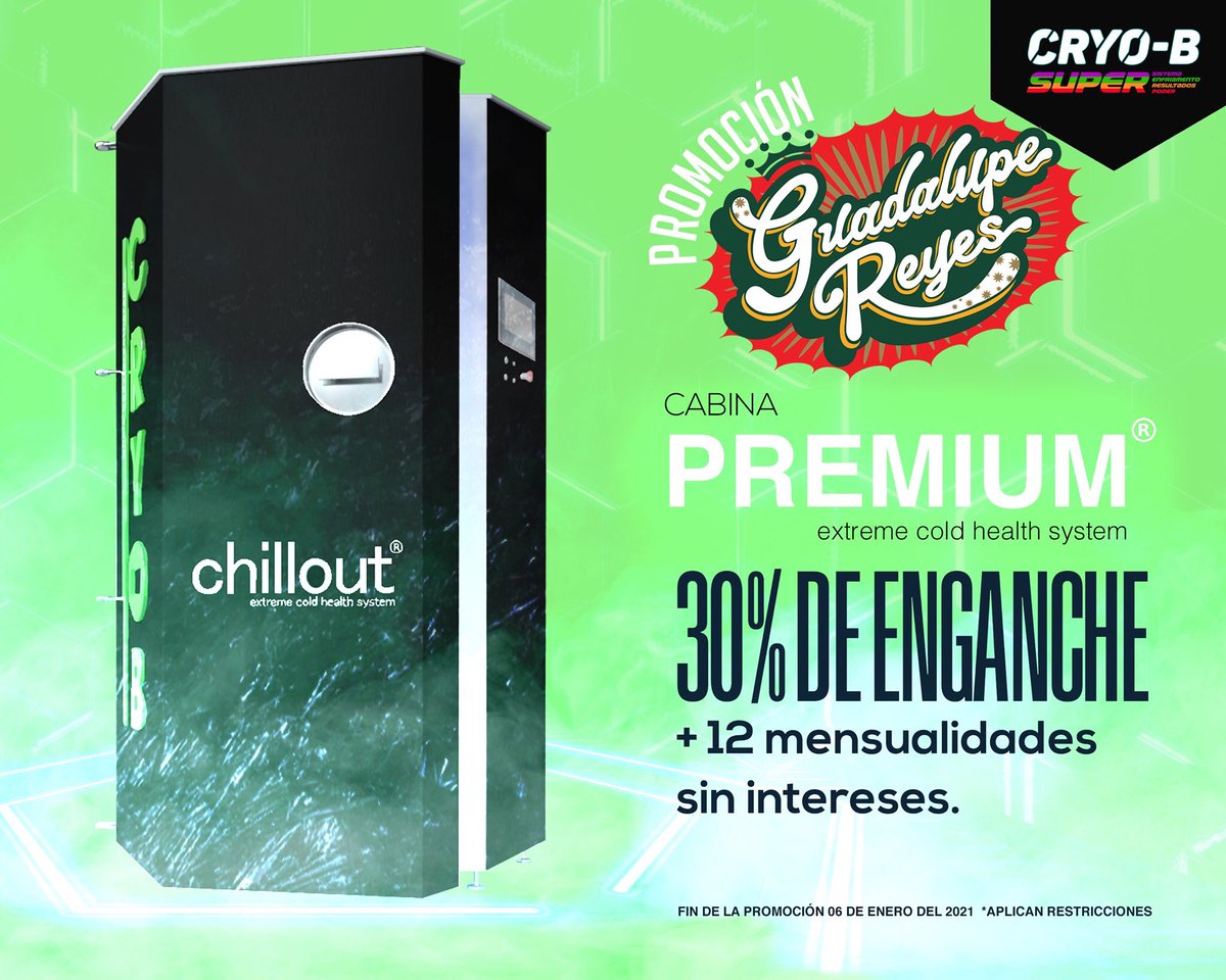 CRYO_B's tweet photo. ❄️ GUADALUPE - REYES ‼️🏷  👉🏻30% DE ENGANCHE PARA COMPRA DE CABINA PREMIUM 🔋💨 ➕ 12 MENSUALIDADES SIN INTERESES 👨🏻‍💻Entra hoy en https://t.co/NmnlTUGpIp     ⚠️Válido hasta el 06 DE ENERO DEL 2021 . . . . . #blackfriday #promo #chilloutair #cryo #cryotherapy #wholebodycryotherapy https://t.co/MT9FkFFUWA