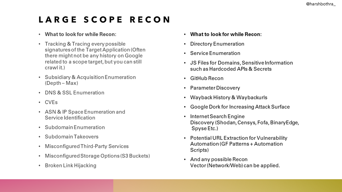 harshbothra_'s tweet photo. Doing Recon the right way keeps you a step ahead always and gives you a better attack surface to work on! Here's a snippet from my Recent Talk on Scope Based Recon talking about What to look for during Recon Based on Given Scope.

#bugbountytips #appsec #bugbounty #security https://t.co/Ig9bFRIjbk