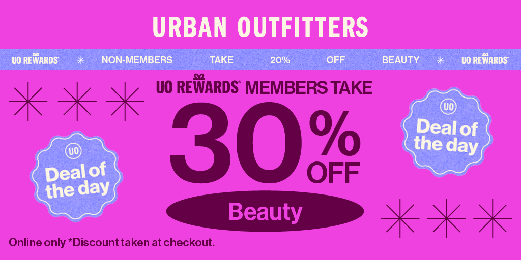 UrbanOutfitters's tweet photo. another one for the #uorewards members: take 30% off beauty today! 🎁 #25DaysOfUORewards
https://t.co/bTbyGqPVjK https://t.co/jP7WhFgtU0