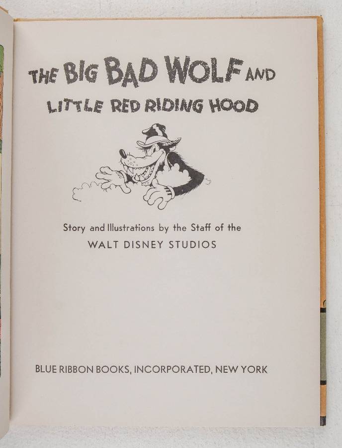 NewAuctions's tweet photo. #Disney, Walt. The Big Bad Wolf and Little Red Riding Hood. Illustrated, including color plates. 4to, publisher's pictorial boards, dust jacket (chipped); light wear, generally a clean and fresh copy. New York: Blue Ribbon Books, (1934) https://t.co/iRsp8TVr9N Bidding is live. https://t.co/i4mMKo339g