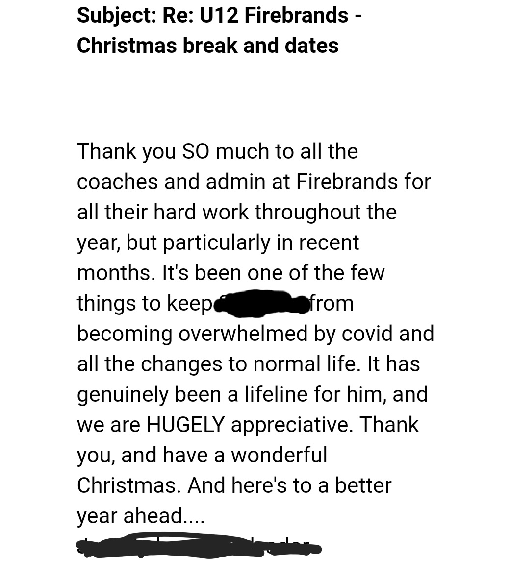 Messages like this from one of the parents at <a href="/FirebrandsHC/">Firebrands HC</a> makes it all worthwhile.

Its been a tough year, but so glad we've been able to offer a safe, fun place for kids to be able to have some normality in their lives 😍😍

<a href="/EnglandHockey/">England Hockey</a> <a href="/CoachAndInspire/">Great Britain Hockey Coach</a> #firebrands #bristol