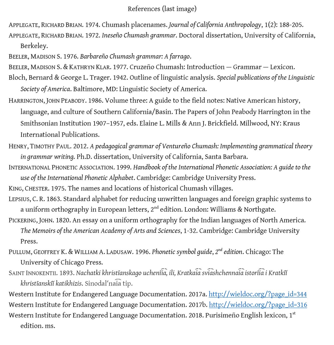 12/12 Data: Applegate 1972, 1974, Beeler 1976, Beeler & Klar 1977, Harrington 1986, Henry 2012, King 1975, WIELD 2018. On symbols: WIELD, 2017a, b; Bloch & Trager 1942, Lespius 1863, Pickering 1820, Pullum & Ladusaw 1996, Saint Innokentii 1893.