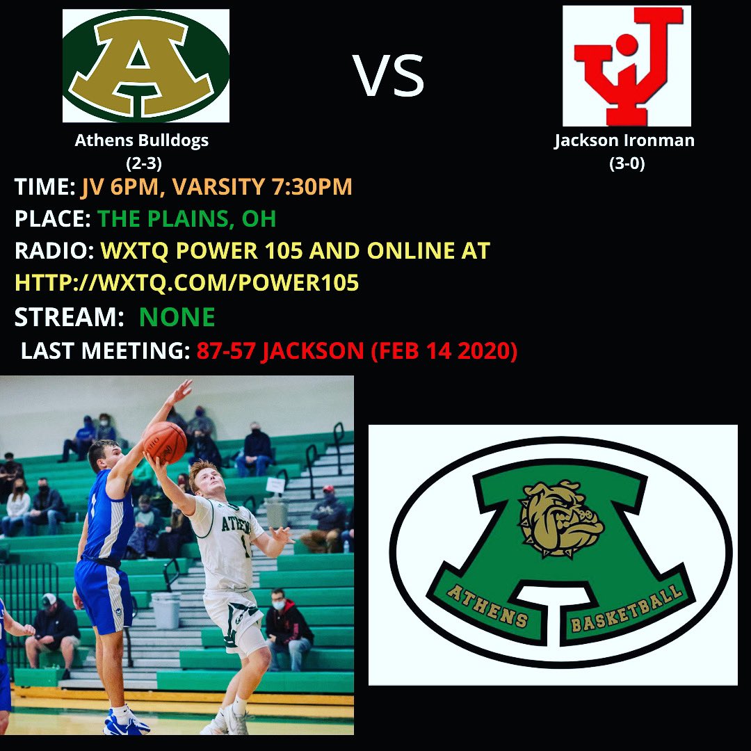 ACSD_Athletics's tweet photo. GAME DAY!!

🏀vs Jackson 
📍Athens HS - The Plains, OH
⏰ JV 6pm, Varsity 7:30pm
📻 WXTQ Power 105 (105.5fm)
💻NONE
📱Twitter Updates

#AthensBulldogs 
#AthensBasketball
@WATHWXTQSports @Athens_Bulldogs https://t.co/KpyiNvDIXX