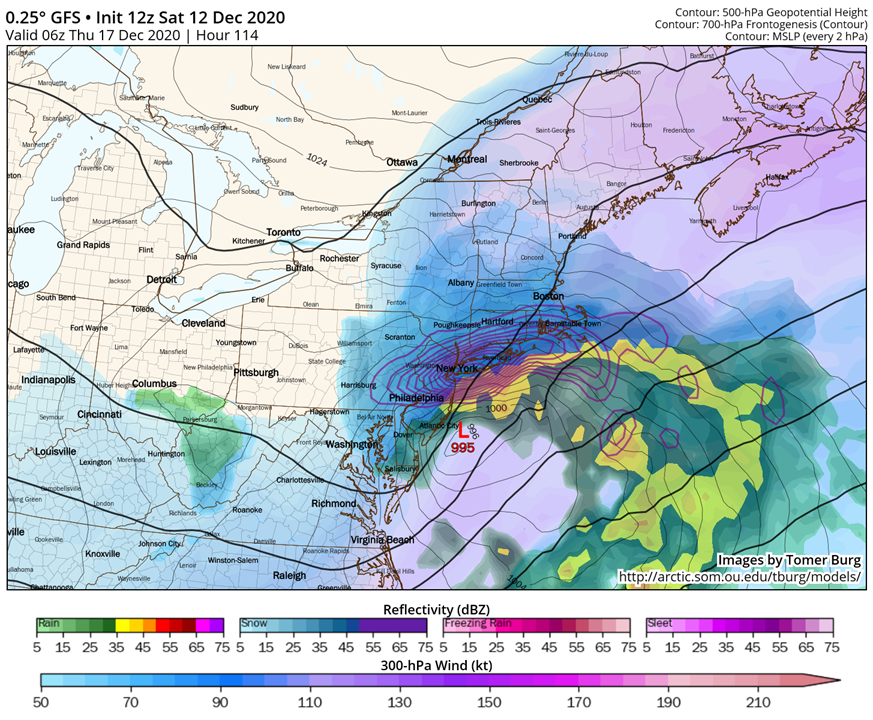 Synoptically we have a s/w trough progressing east w/ initial cyclogenesis into OH Valley. Sfc cyclone then quickly deepens just off the NE coast downstream of the trough & w/ ascent associated with DCVA and dual jet streak. Mesoscale forcing associated w/ strong frontogenesis.