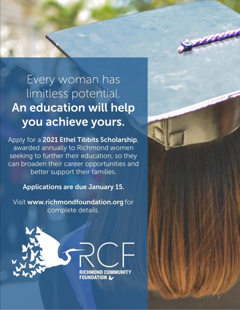 The Richmond Community Foundation is now accepting applications for the 2021 Ethel Tibbits Scholarship, which is awarded annually to a mature #RichmondBC woman seeking to further her education, so she can better support her family. The last day to apply is January 15.