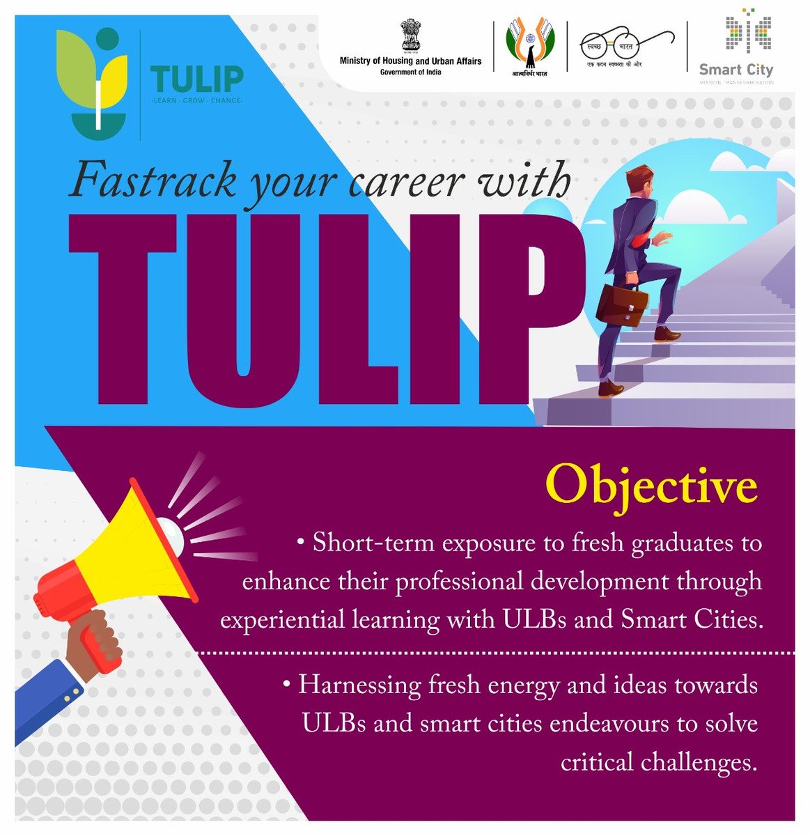 MoHUA_India's tweet photo. Inviting students from various professional fields to join ULBs under the TULIP internship program to learn and help Urban Planners make our cities future-ready. 

To know more, click on the link below!

https://t.co/tMgG8JreXO

#TransformNation #TransformingUrbanLandscape https://t.co/4cHsStrkRw